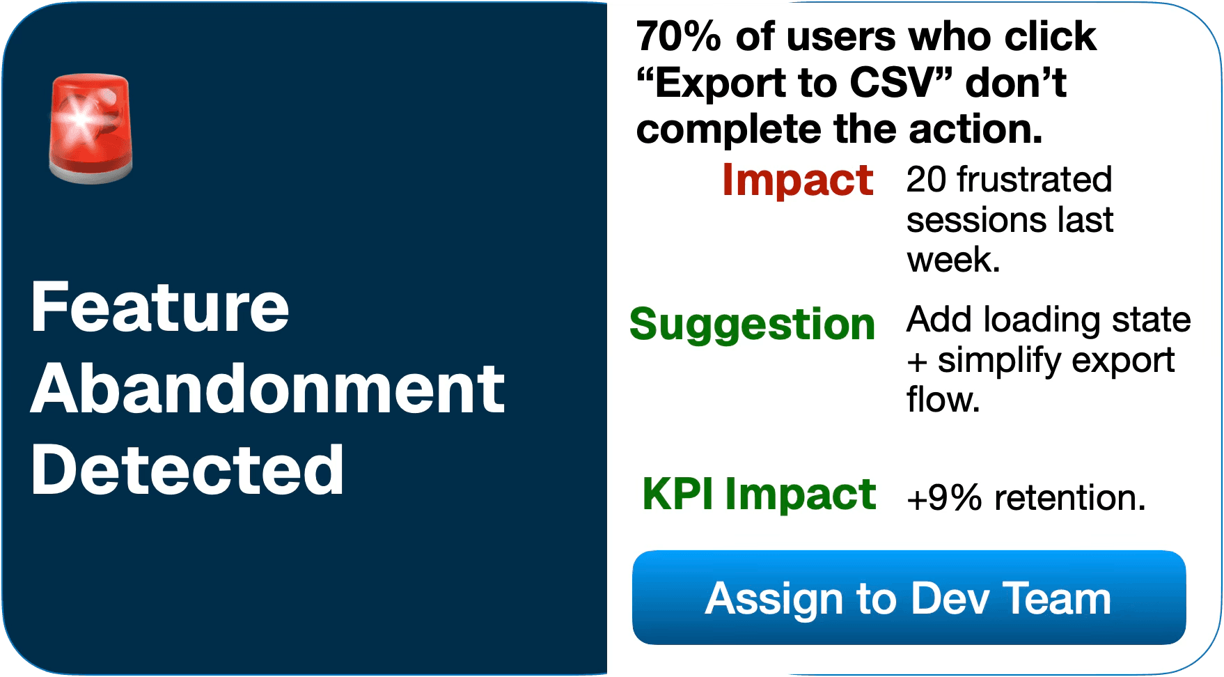 Feature Abandonment Detected - 70% of users who click Export to CSV don't complete the action